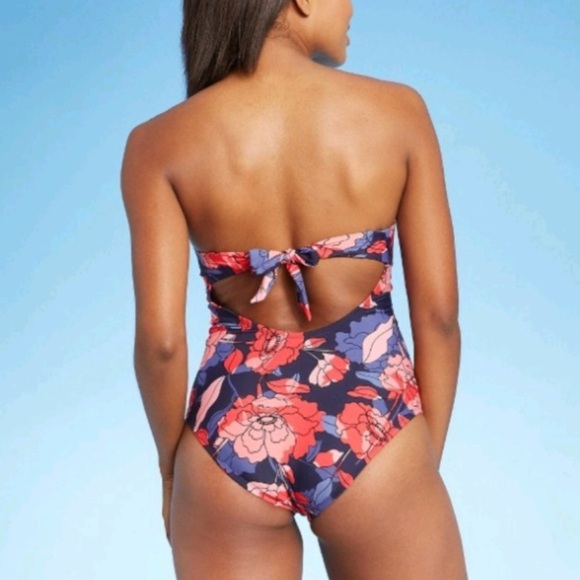 Navy and Coral Floral Convertible Strapless One Piece Swim suit - Picture 2 of 12